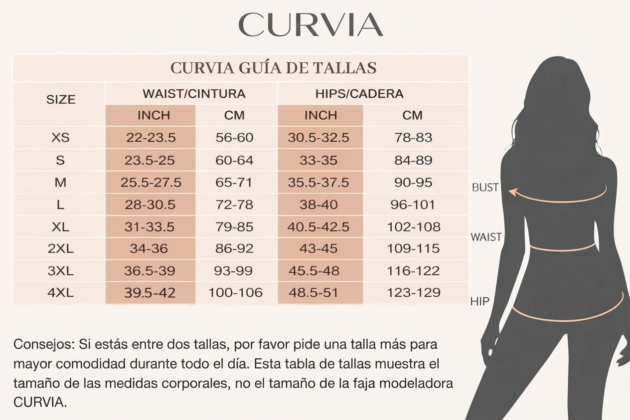 Guía de tallas Curvia: medidas de cintura y cadera en cm de la XS a la 4XL